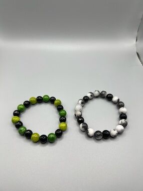 Beaded Stretch Bracelets - Green & Black and White Marble - Handmade #B0299C